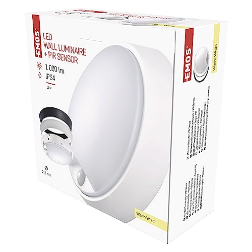 EMOS LED-Wandleuchte und Deckenleuchte mit Bewegungsmelder, rund, IP54 wasserdichte 14 W Außenleuchte für Balkon, Keller, Garage, Outdoor 1000 lm, warmweiß 3000K, 21,5cm ZM3131 von EMOS