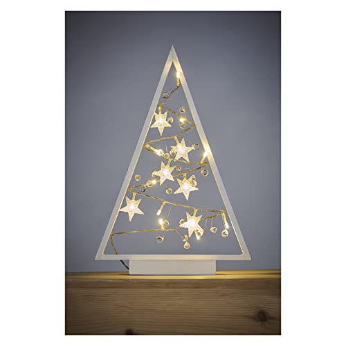 EMOS Leuchtender Weihnachtsbaum aus Holz,15 LEDs warmweisses Licht,Weihnachtsdekoration,IP20 für Innen,Batteriebetrieb (2x AA),10000h Lebensdauer,6/18h Timer,0,45 Watt,20x30 cm, Weiß, DCWW27 von EMOS