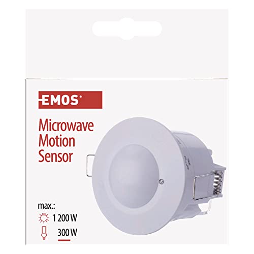 EMOS Mikrowellen-Bewegungsmelder Unterputz für Innen, Arbeitsfeld 360°, 8m Reichweite, Empfindlichkeit 3-2000 Lux, einstellbare Leuchtdauer, Installationshöhe 1,5-3,5 m von EMOS