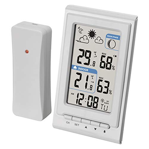 EMOS Mini Funk-Wetterstation mit Außensensor, mißt Innen- und Außentemperatur, Feuchtigkeit, Wettervorhersage, Funkuhr mit Wecker, Weiß von EMOS