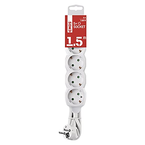 EMOS P0521R Steckdosenleiste 5-Fach, 1,5 m Kabel, Steckdosen 45° gedreht, 5-er Schuko Mehrfachsteckdose mit Kindersicherung, IP20 für Innenbereich, 3680 W, 250 V von EMOS