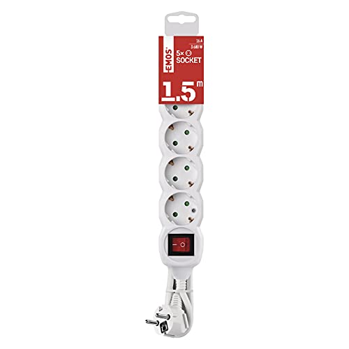 EMOS - 5-Fach Steckdosenleiste 1,5m mit Schalter - 5 Schuko-Steckdosen 45° gedreht - 250 V, 16 A, 3680 W - PVC-Isolierung - H05VV-F3G 1,5 mm2 - erhöhter Berührungsschutz - IP20 für Innen - weiß von EMOS