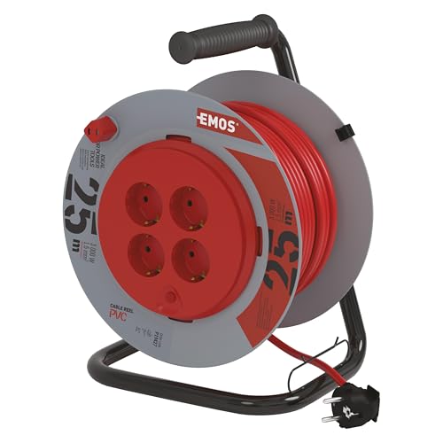 EMOS - Kabeltrommel 25m mit fester Mitte - 4 Schuko-Steckdosen - 230 V, 13 A, 3000 W - hochwertige PVC-Isolierung - H05VV-F3G 1,5 mm2 - Überhitzungsschutz, Spulenbremse - IP20 für Innen von EMOS