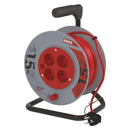 EMOS P19515 4-er Mini-Kabeltrommel 15m / 4-Fach Kabelrolle/Indoor Leitungsroller mit Kurbel, Überhitzungsschutz / 2300 W, IP20, 230 V von EMOS