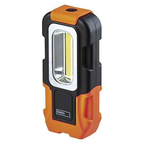 EMOS - COB LED Arbeitsleuchte - Magnetfuß, Haken, verstellbarer Griff - max. 180lm, max. 45m - 24 Stunden - stoßbeständiger ABS-Kunststoff - AAA-Batterien - für Werkstatt/Haushalt - schwarz-orange von EMOS