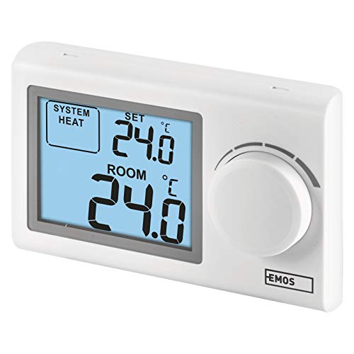 EMOS digitaler Raumthermostat, manueller Wandthermostat für Heizungssysteme und Kühlungssysteme, Thermostat / Raumtemperaturregler mit Stellrad, drahtverbunden zur Aufputzmontage, 30 x 120 x 77 mm von EMOS