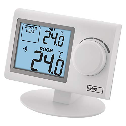 EMOS - digitaler Raumthermostat mit LCD-Display - Sender + Empfänger Set - manuell, drahtlos - Heiz- und Kühlsysteme - Regelung 5-35 °C - 100m Reichweite - Tisch-/Wandhalterung - Batterie inkl - weiß von EMOS