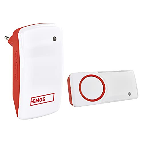 EMOS P5750 Batterielose Türklingel, Funkklingel Set mit 150 m Reichweite und 10 Melodien, 5 Stufen Lautstärke bis 110 dB/Visuelle Anzeige/Self-Learning Paarung/Farbe, 230 V, Rot/Weiß von EMOS