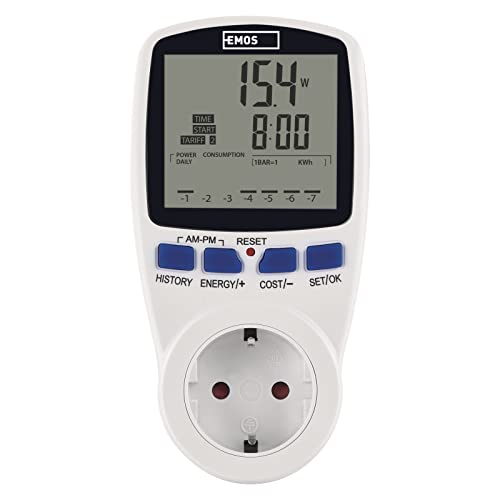 EMOS P5822 Energiekosten, Stromverbrauchszähler mit LED-Indikation, Stromkosten-Messgerät, Stromzähler, Wattmeter mit Überlastsicherung und Kinderschutz, CO2-Emissionen-Messgerät, 230 V, Weiß von EMOS