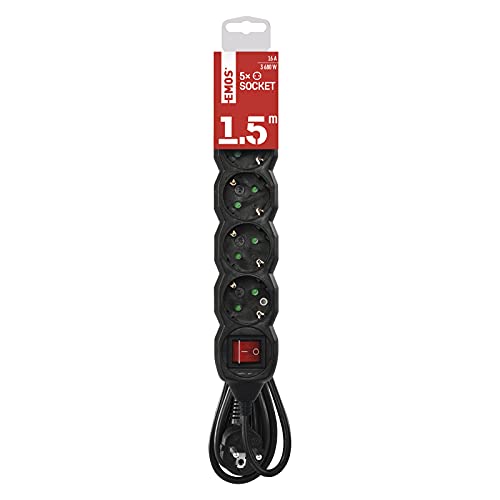 EMOS Steckdosenleiste 5-Fach mit Schalter, 150 cm Kabel, schwarz, Steckdosen 45° gedreht, Querschnitt 1,5 mm2, Schuko Mehrfachsteckdose mit erhöhtem Berührungsschutz, IP20 für Innenbereich von EMOS