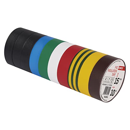 EMOS PVC-Isolierband Mix 10er Pack, 15mm x 10m, 0,13mm Bandstärke, selbstklebend, hohe Spannungsfestigkeit und Anwendungstemperaturbereich, UV-beständig, wasserdichte Verbindung, ohne Textilgewebe von EMOS