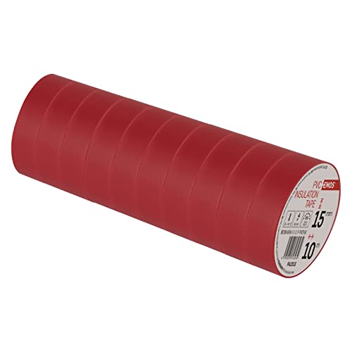 EMOS PVC-Isolierband Rot 10er Pack, 15mm x 10m, 0,13mm Bandstärke, selbstklebend, hohe Spannungsfestigkeit und Anwendungstemperaturbereich, UV-beständig, wasserdichte Verbindung, ohne Textilgewebe von EMOS