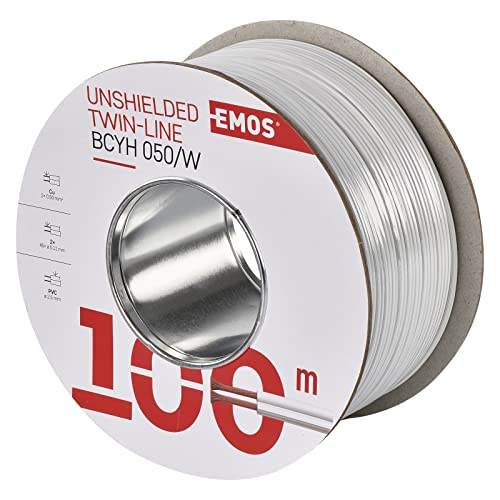 EMOS S8251 Kupferkabel 2 x 0,5 mm2, 100 Meter Zweidrahtleitung aus reinem Kupfer für Niederspannung, weiß mit Polaritätskennzeichnung von EMOS