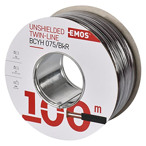 EMOS Kupferkabel 2 x 0,75 mm2, 100 Meter Zweidrahtleitung aus reinem Kupfer für Niederspannung, schwarz mit Polaritätskennzeichnung von EMOS