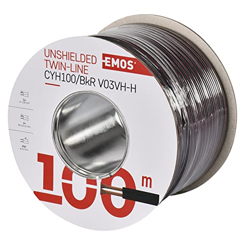 EMOS S8280 Kupferkabel 2 x 1,0 mm2, 100 Meter Zweidrahtleitung aus reinem Kupfer für Niederspannung, schwarz mit Polaritätskennzeichnung von EMOS