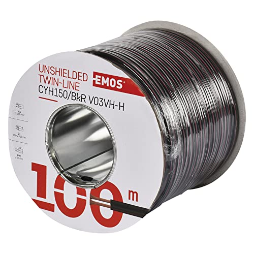 EMOS S8290 Kupferkabel 2 x 1,5 mm2, 100 Meter Zweidrahtleitung aus reinem Kupfer für Niederspannung, schwarz mit Polaritätskennzeichnung von EMOS