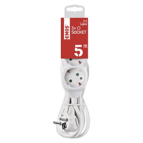 EMOS - 3-Fach Steckdosenleiste 5m - 3 Schuko-Steckdosen 45° gedreht - 250 V, 16 A, 3680 W - hochwertige PVC-Isolierung - H05VV-F3G 1,5 mm2 - erhöhter Berührungsschutz - IP20 für Innen - weiß EMOS - 3-Fach Steckdosenleiste 5m - 3 Schuko-Steckdosen 45° gedreht - 250 V, 16 A, 3680 W - hochwertige PVC-Isolierung - H05VV-F3G 1,5 mm2 - erhöhter Berührungsschutz - IP20 für Innen - weiß von EMOS