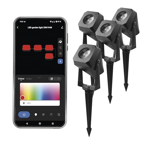 EMOS - Smart Gartenbeleuchtung mit Erdspieß, Startset 4 Stk - WiFi-Außenleuchten RGBIC+CCT-Farbspektrum, dimmbar, erweiterbar - HandyApp, Sprachassistenten - Strahler mit Stecker wasserdicht - schwarz von EMOS