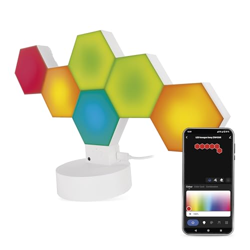 EMOS - Smart Hexagon Tisch- und Wandleuchte, 6 Stk Sechseck-Elemente 2-in-1 - WiFi Modular-Beleuchtung mit RGBIC-Farbspektrum, dimmbar - HandyApp, Sprachassistenten - 1m USB-Ladekabel - weiß von EMOS