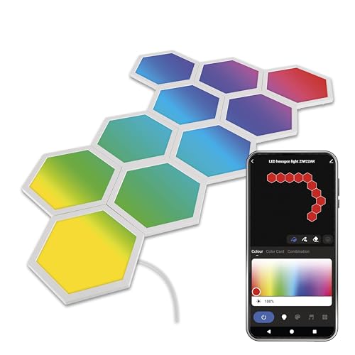 EMOS - Smart Hexagon Wandleuchte, Startset 10 Stk Sechseck-Elemente - WiFi Modular-Beleuchtung mit RGBIC-Farbspektrum, dimmbar - HandyApp, Sprachassistenten - 1,5m Kabel und Netzteil - weiß von EMOS