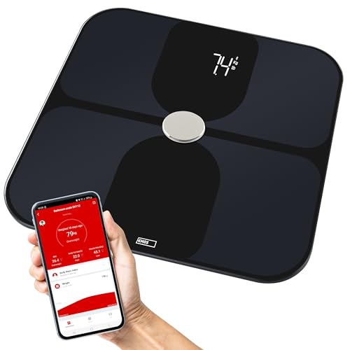 EMOS Smart Körperfettwaage, BMI-Personenwaage mit ITO-Glas, Körperwaage zum Messen und Analysieren 14 Körperdaten, Speicher für 8 Benutzer, GoSmart App, iOS/Android, Bluetooth, Tragfähigkeit 180 kg von EMOS