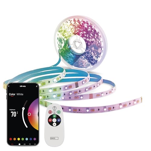 EMOS - Smart LED Strip RGB/CCT 5m - Selbstklebende LED-Streifen mit Fernbedienung und App - 16 Mio Farben, Musik-Synchronisation, Timer - Ambiente und Party Beleuchtung - inkl. 1,5 Kabel und Netzteil von EMOS
