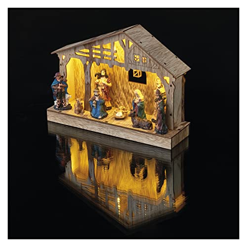 EMOS Weihnachtskrippe mit handbemalten Figuren, Weihnachtsdekoration mit 5 LEDs, warmweißes Licht, batteriebetrieben (3x AA), IP20 Innenbereich, 6/18h Timer-Funktion, 10000 h Lebensdauer von EMOS