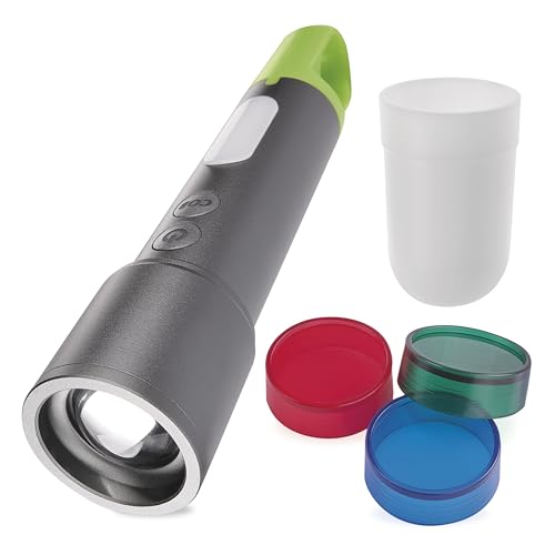 EMOS - aufladbare LED-Metall-Taschenlampe mit Zoom - 8 Lichtmodi - stoßbeständig, wasserdicht - superhell bis 600lm, max. 350m - 4 Aufsatzkappen - für Haus und Outdoor - grau von EMOS