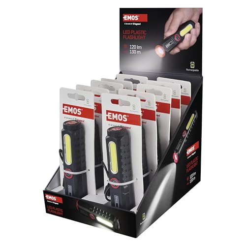 EMOS aufladbare LED Taschenlampe mit Magnet und Klipp, 10 Stück - 2 Lichtquellen - Lichtstrom 120 lm, 130 m Leuchtweite - 400 mAh Akku Li-Ion - 1,5 h Einsatz - inkl. USB-C Ladekabel - Family-Pack von EMOS