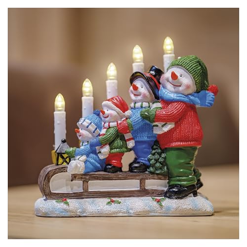 EMOS dekorativer LED-Kerzenhalter mit Schneemännern, warmweiße Farbtemperatur, 5 LED-Kerzen mit bunter Schneemannfamilie, batteriebetrieben, 6/18h Timer-Funktion, 24x24cm, DCAW15 von EMOS