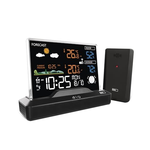 EMOS - rahmenlose Funk-Wetterstation mit Außensensor - Thermometer, Hygrometer, Barometer, Wettervorhersage, Memory - Funkuhr mit Wecker, Kalender - duale Stromversorgung (Netzteil/Batterie) von EMOS