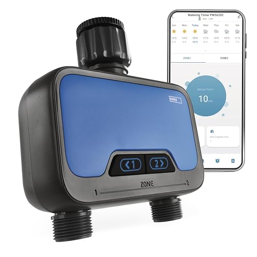 EMOS - smarte Bewässerungsuhr mit 2 Ausgängen mit App, ZigBee - batteriebetriebene Bewässerungssteuerung bis 8bar, 35 l/min - automatisierte Bewässerung 1min–24h täglich - für 1″ BZW. 3/4″-Gewinde von EMOS