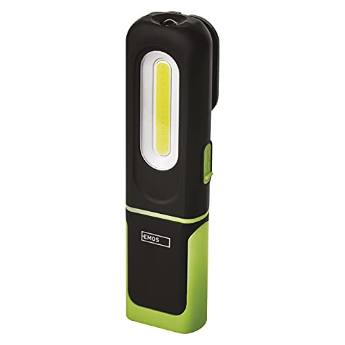 EMOS - aufladbare LED-Arbeitsleuchte - Magnetfuß, Haken, verstellbar - stoßbeständig, wasserdicht - 300lm, max. 45m - 3 Leuchtmodi - 7 Stunden - USB-Kabel - IP43 für Außenbereich - schwarz-grün von EMOS