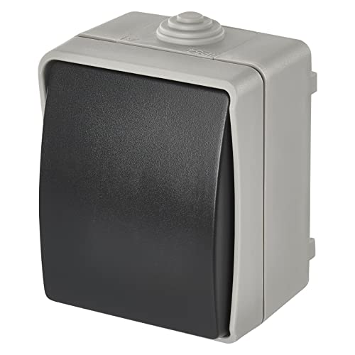 EMOS wasserdichter Klingelschalter mit Wippe, grau-schwarze Farbe, 250 V~/10 AX, Kunststoff, Aufputz zur Wandmontage, Schutzklasse IP54 für Außen von EMOS