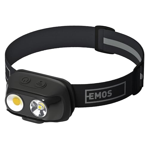 EMOS wiederaufladbare LED-Stirnlampe 7 Lichtmodi, neutralweiß & warmweiß, Bewegungsmelder, 6,5 St. Leuchtdauer, Helligkeit 500lm, Leuchtweite 130m, LED+COB LED Outdoor-Kopfleuchte, USB-C Ladekabel von EMOS