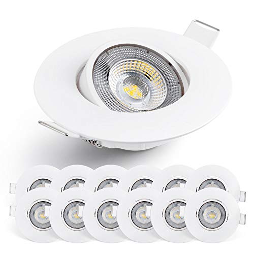 Emos LED Einbaustrahler 230V, 5W / 450lm, 50° schwenkbar, neutralweiß 4000k | Einbaustrahler LED Spot flach 68mm Lochmaß | Set mit 12 Stück LED Spots 230V, rund (Farbe weiß) von E EMOS