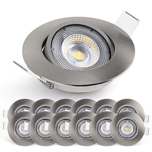 Emos LED Einbaustrahler 230V, 5W / 450lm, 50° schwenkbar, neutralweiß 4000k | Einbaustrahler LED Spot flach 68mm Lochmaß | Set mit 12 Stück LED Spots 230V, rund (Farbe silber gebürstet) von E EMOS