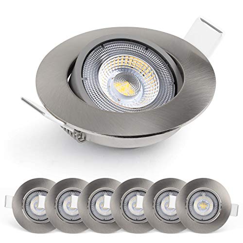 Emos LED Einbaustrahler 230V, 5W / 450lm, 50° schwenkbar, neutralweiß 4000k | Einbaustrahler LED Spot flach 68mm Lochmaß | Set mit 6 Stück LED Spots 230V, rund (Farbe silber gebürstet) von E EMOS