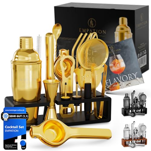 EMPATION Cocktail Set Gold, 700ml Cobbler Cocktail Shaker aus Edelstahl, sicheres Ausgießen & kein Verschütten, Profi Cocktail Shaker Set mit Ständer & Rezeptbuch, Mix Set für Barkeeper von EMPATION