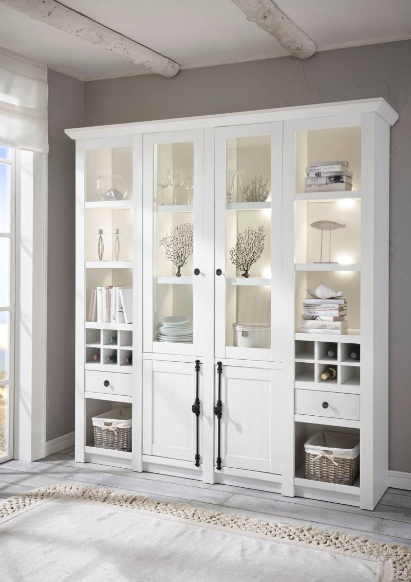 Buffetschrank 4-türig 194x207 cm mit Flascheneinteilung + 2x Schubkästen weiß Pinie WALES + BELEUCHTUNG von Empinio24