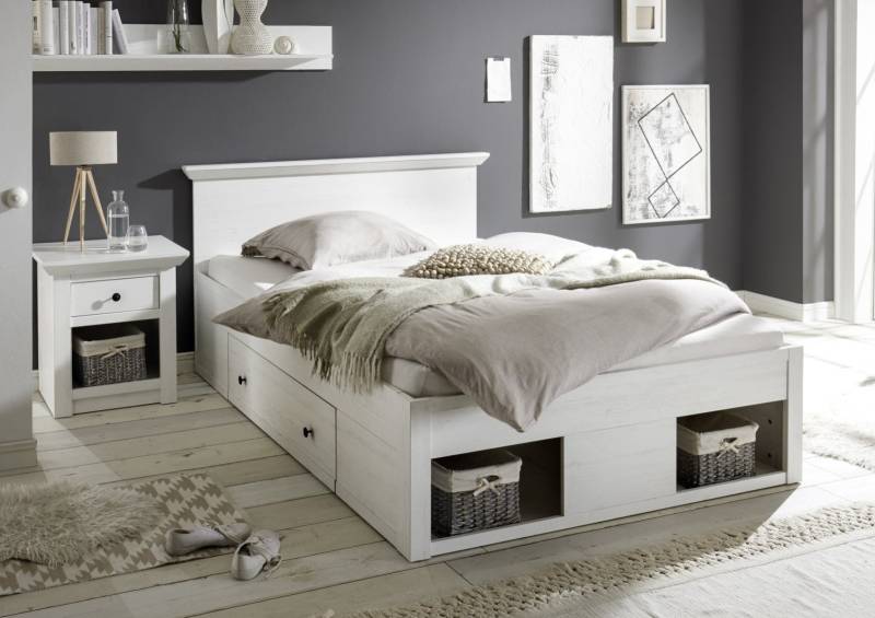 Funktionsbett 140x200 cm weiß Pinie mit 2x Bettschubladen WALES von Empinio24