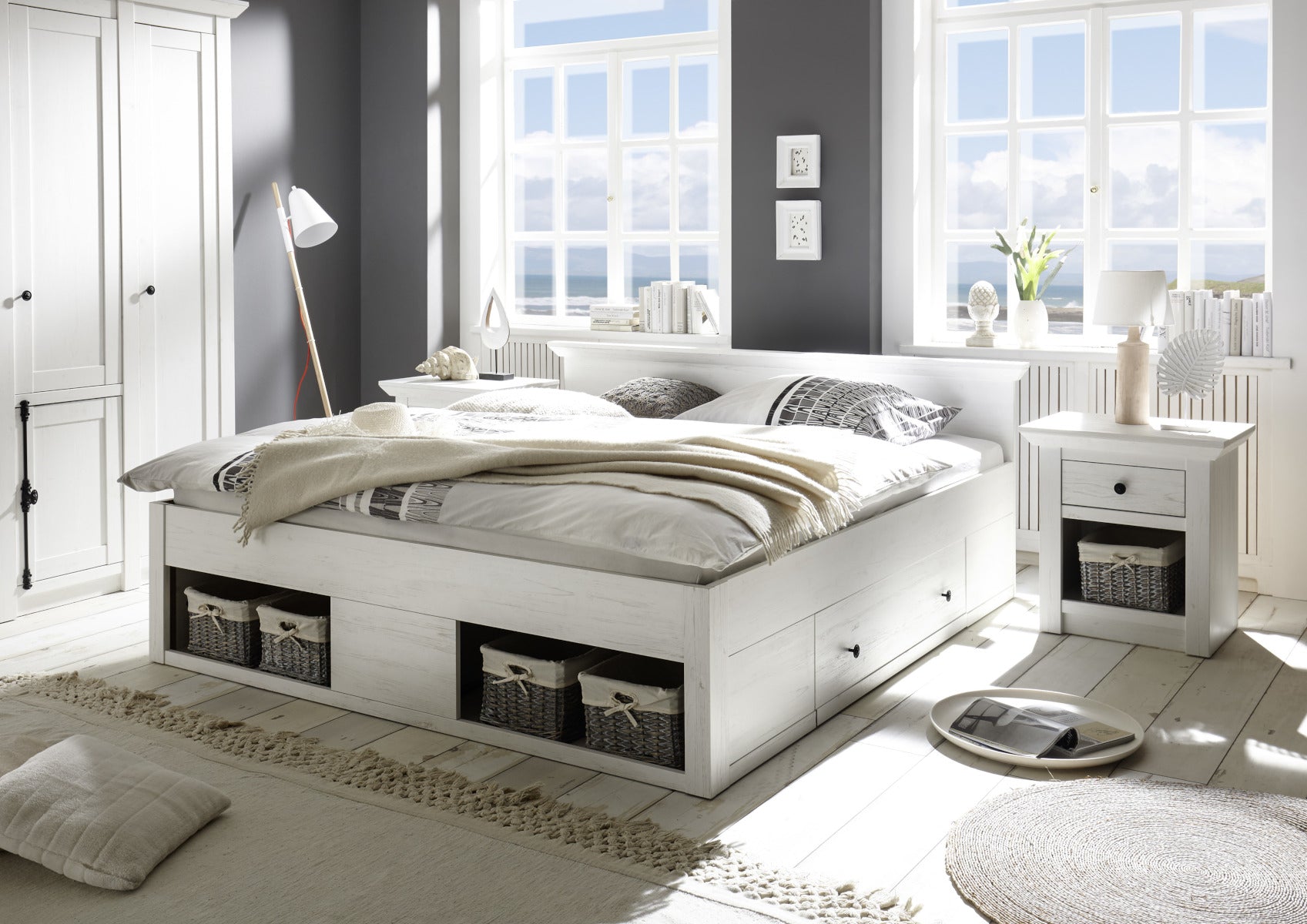 Funktionsbett 180x200 cm weiß Pinie mit 2x Bettschubladen WALES von EMPINIO24