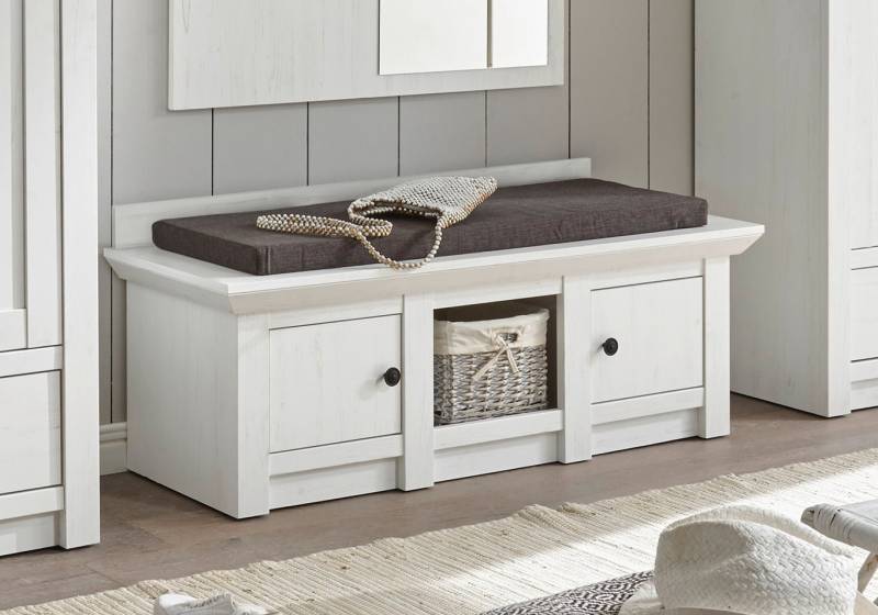 Garderobenbank 124x45 cm Höhe 42 cm 2-türig weiß Pinie mit Sitzkissen WALES von Empinio24