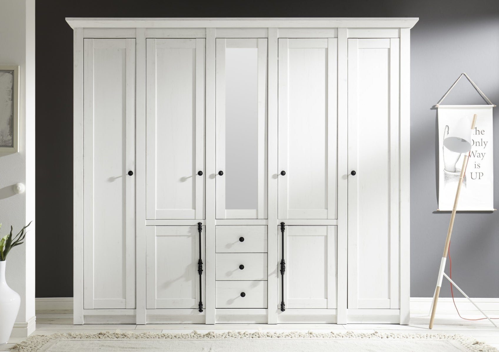 Kleiderschrank 7-türig 236x206 cm mit 3x Schubkästen weiß Pinie WALES von Empinio24