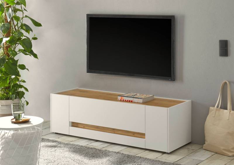 Lowboard 140x40 cm Eiche Weiss 2-türig + Doppelschubkasten BOSTON von Empinio24