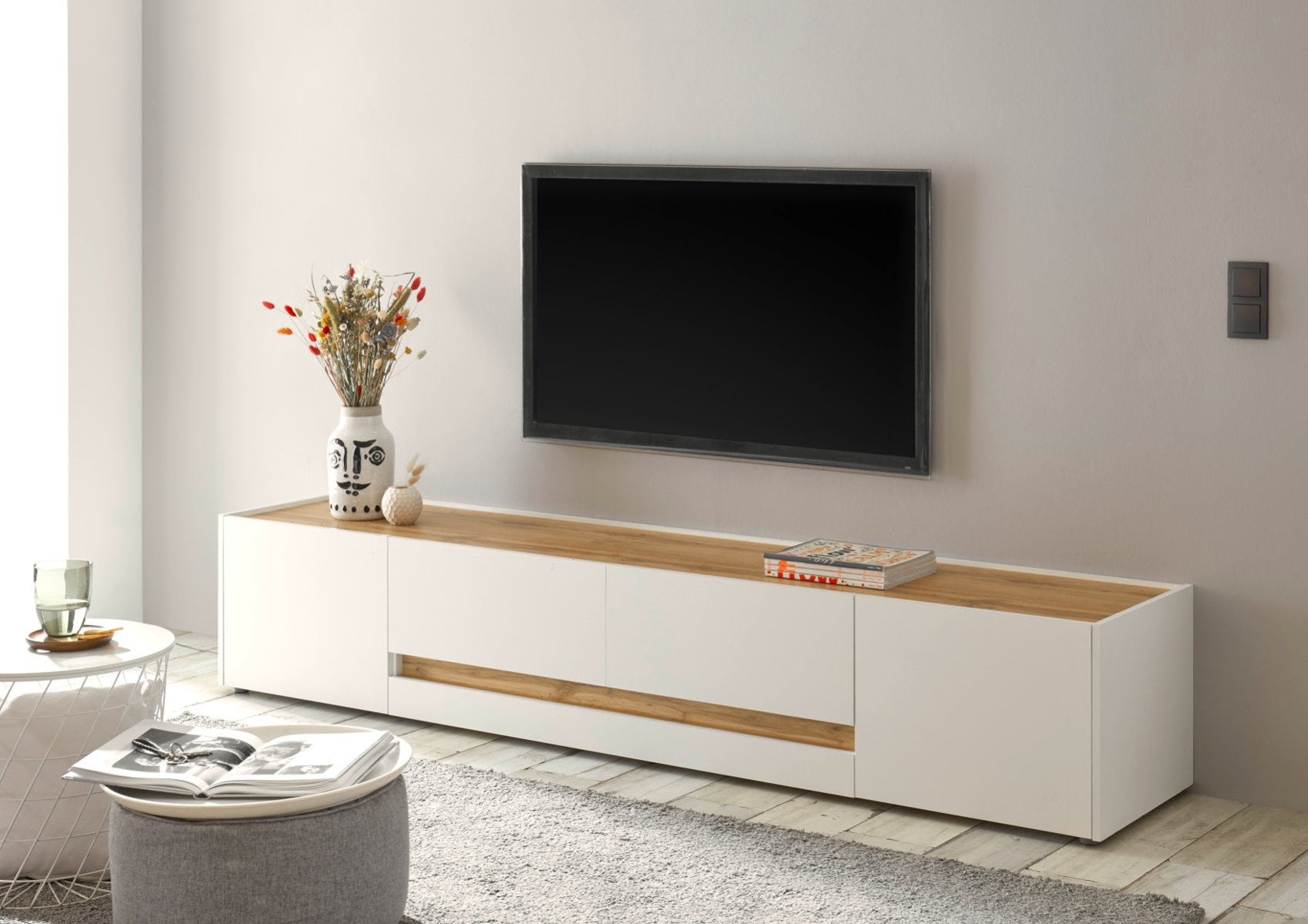 Lowboard 220x40 cm Eiche Weiss 2-türig + 2x Schubkästen BOSTON von Empinio24