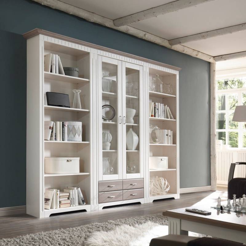 Regalwand mit Vitrine Massivholz weiß 262 cm CORDOBA von Empinio24
