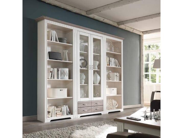 Regalwand mit Vitrine Massivholz weiß 262 cm CORDOBA von EMPINIO24