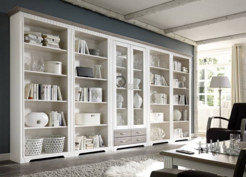 Regalwand mit Vitrine Massivholz weiß 418 cm CORDOBA von Empinio24