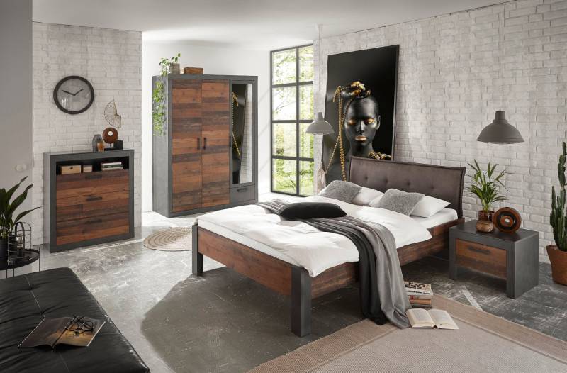 Schlafzimmer Set 4-teilg Bett 140x200 mit Polsterkopfteil used-look QUEENS Nr. 4 von EMPINIO24
